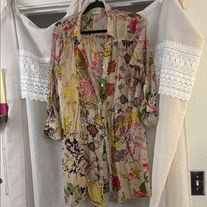 Vintage Floral Button-Front Tunic Top - Beige with Pink, Yellow & Green